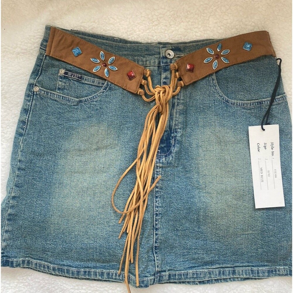 NWT size 11/12 Revolt jeans company jean skirt with faux suede fringe belt Vtg